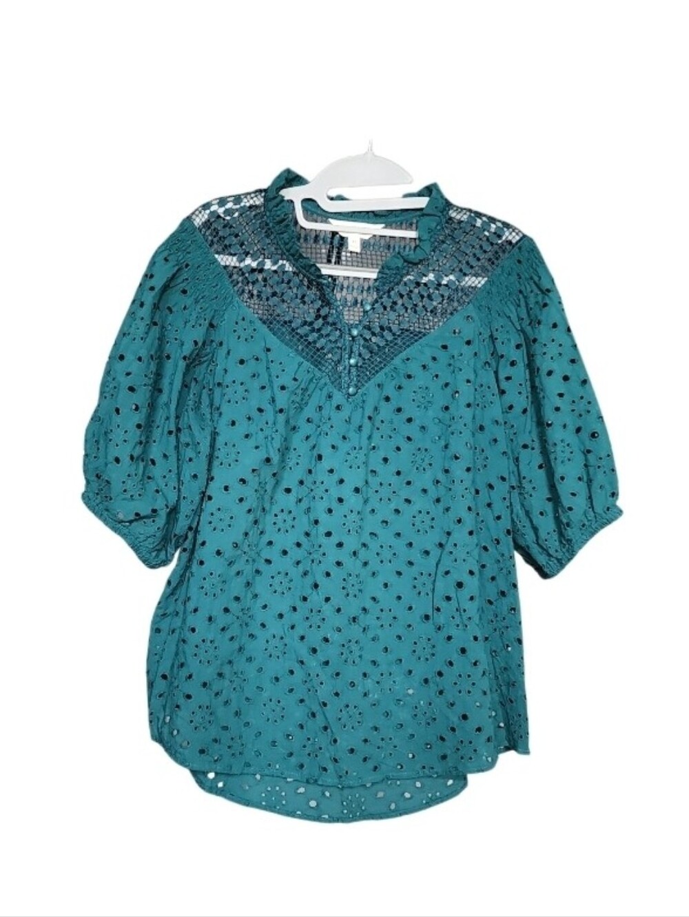 Women's Teal Eyelet Lace Yoke Blouse